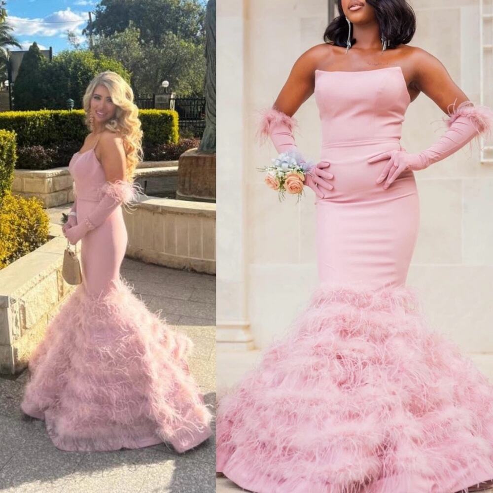 Portia and Scarlett Pink Feather Mermaid Formal Dress With Gloves Size 12 NWT
